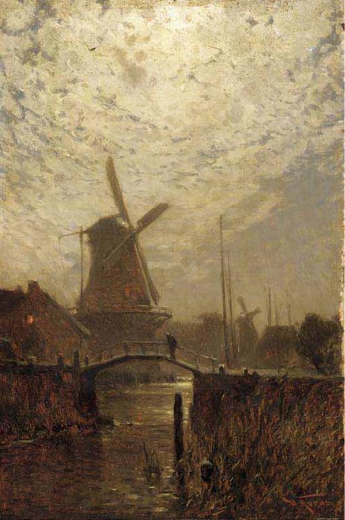 Walter Moras A figure crossing a bridge over a Dutch waterway by moonlight